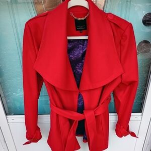 TED BAKER LONDON VIRGIN WOOL HIP LENGTH WRAP JACKET COAT RUSSIAN RED